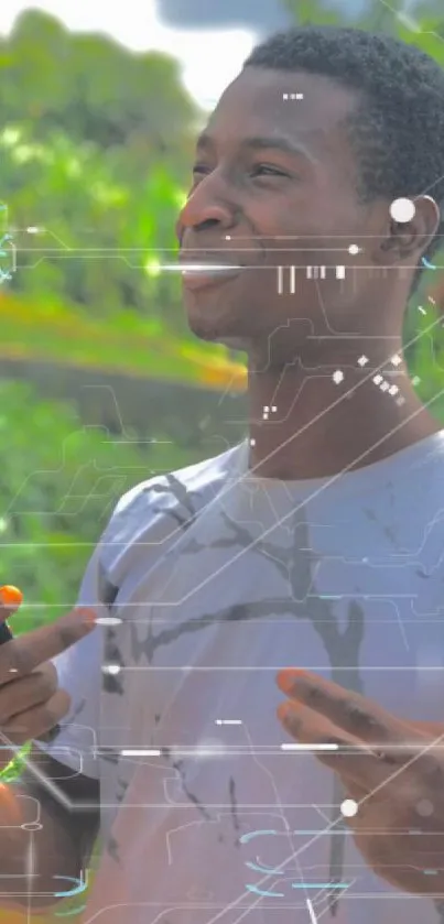 Young man smiling outdoors with smartphone.