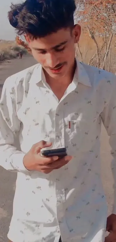 Young man with phone on sunlit rural road, wearing a white shirt.