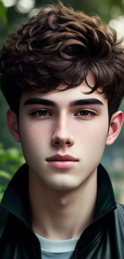 Young man with curly hair outdoors, surrounded by greenery.