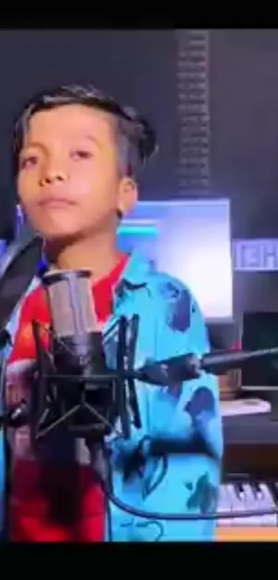 Young singer performing in a studio.