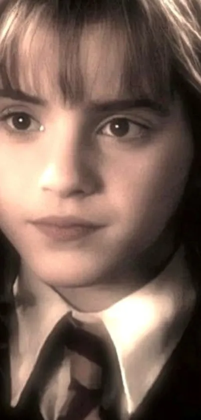 Close-up portrait of a young wizard in sepia tones.