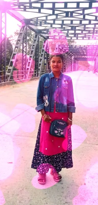 Young woman standing on a steel bridge in denim and a pink dress.