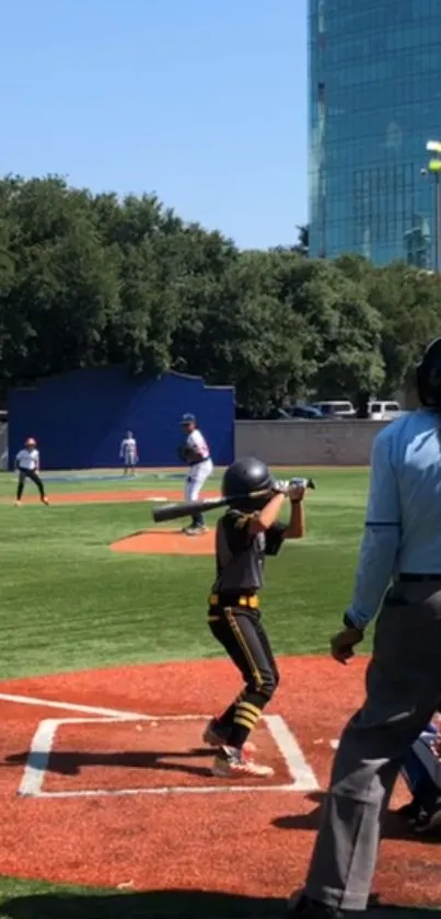 Youth baseball game action on sunny day with players in motion.