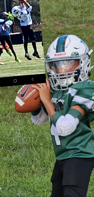 Youth football player in action on grassy field.