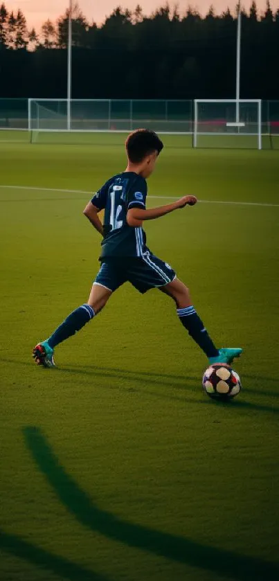 Young boy playing soccer on a vibrant green field during sunset.