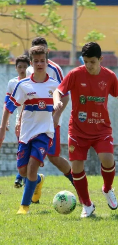 Youth soccer players in action on green field.