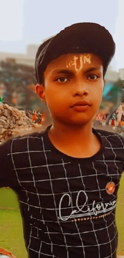 Youth in a hat with a serene outdoor backdrop.