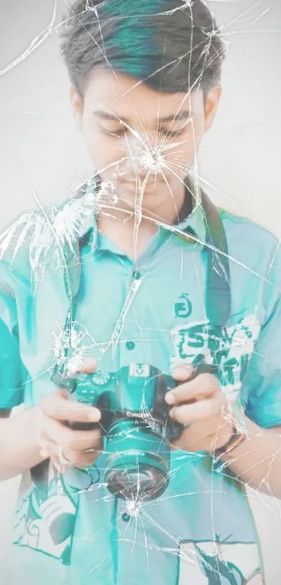 Young person focused on camera with turquoise shirt background.