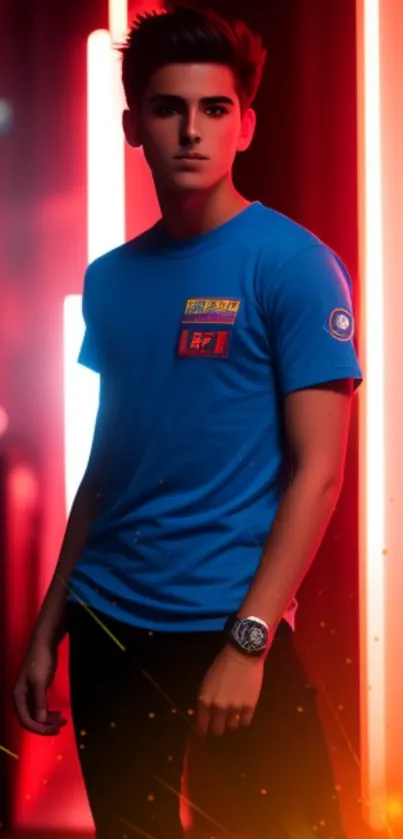 Young man in blue shirt with red background mobile wallpaper.