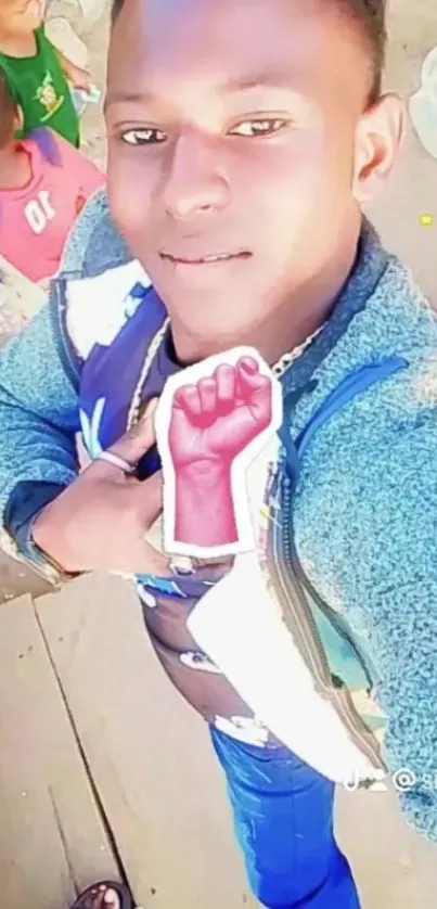 Youth taking a dynamic selfie in vibrant clothing.