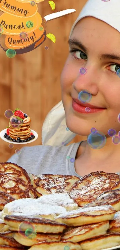Girl smiling with a stack of pancakes and colorful bubbles.