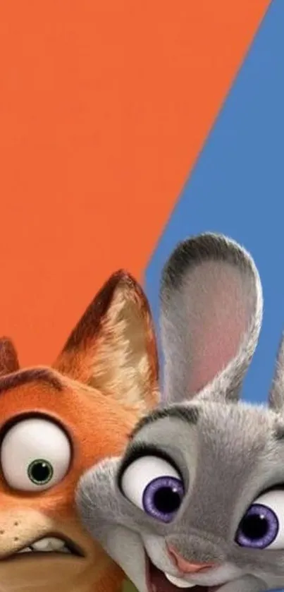 Colorful cartoon duo featuring a fox and a rabbit on an orange and blue background.