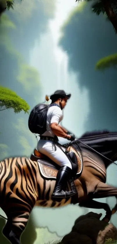 Man riding zebra print horse in lush jungle with waterfall backdrop.