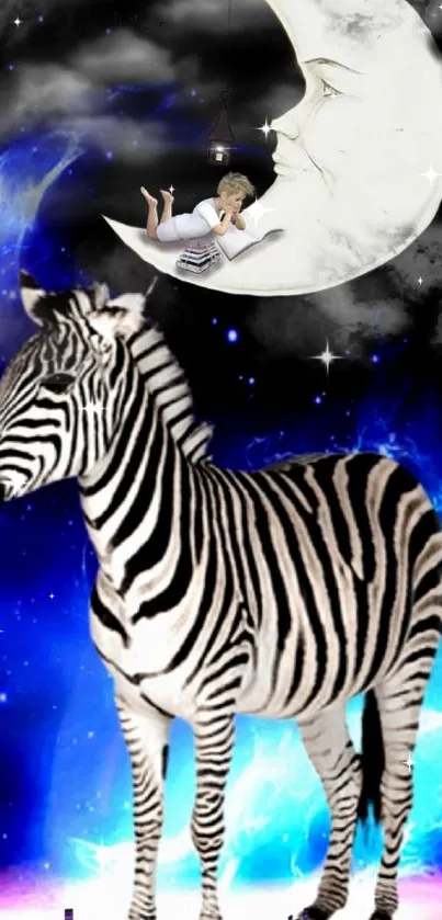 Zebra standing beneath a dreamlike moon.