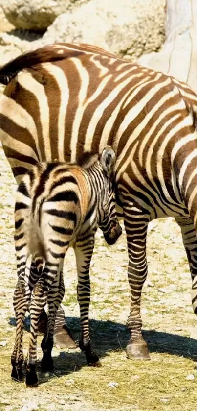 Zebra mother and calf in bright, sunlit natural habitat.