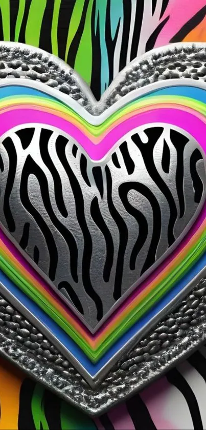 Colorful zebra heart with metallic texture on mobile wallpaper.