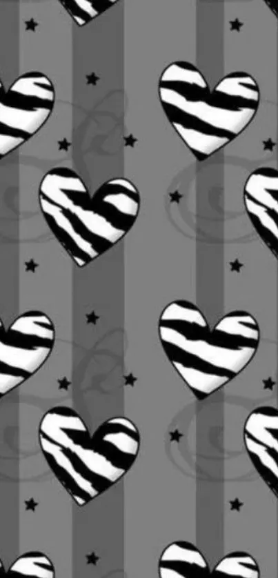 Zebra heart pattern wallpaper with gray stripes and stars.