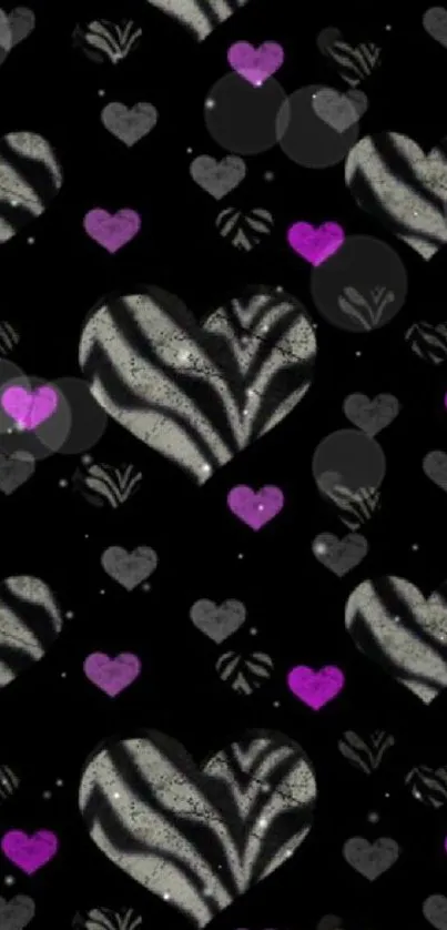 Stylish zebra and purple hearts mobile wallpaper pattern.