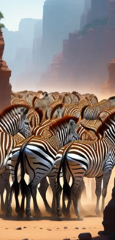 Herd of zebras in a canyon landscape on mobile wallpaper.