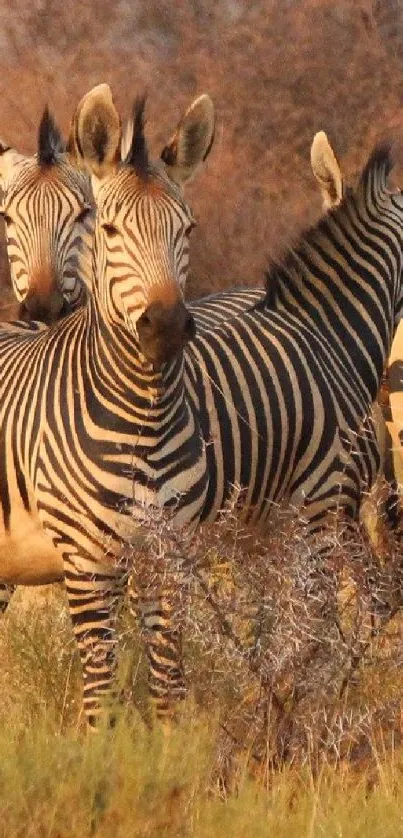 Herd of zebras in the warm savanna landscape, perfect for mobile wallpaper.