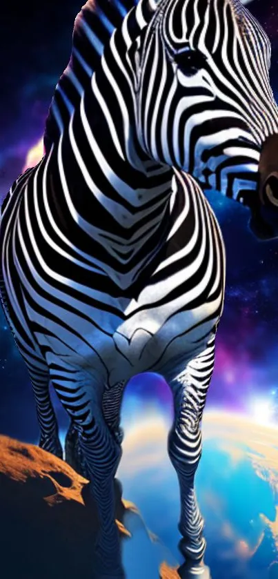 Zebra stands gracefully against a cosmic background, merging wildlife with galaxies.