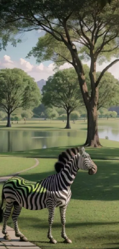 A zebra stands in a tranquil park with lush greens and a serene lake view.