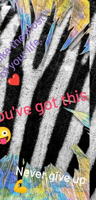 Zebra pattern wallpaper with colorful quotes and emojis for inspiration.