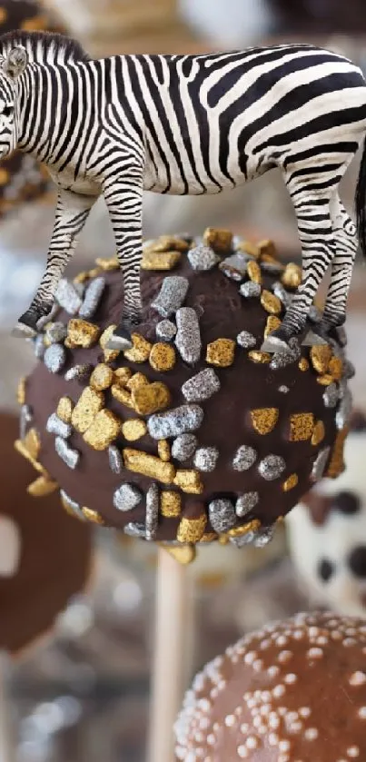 Zebra stands on decorated cake pops.