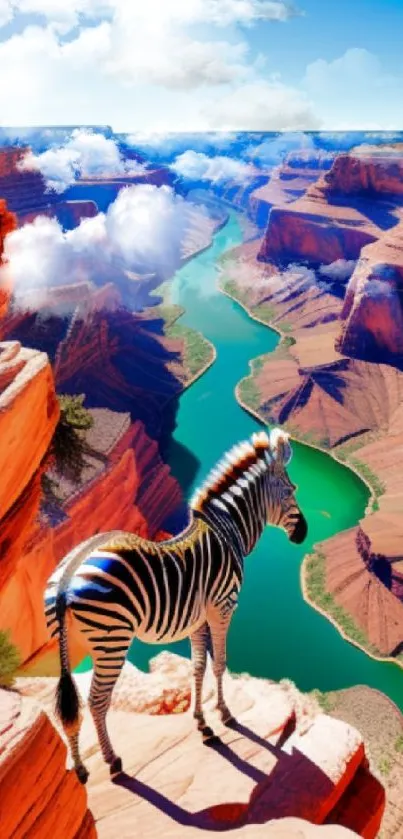 Zebra stands on cliff with Grand Canyon background.