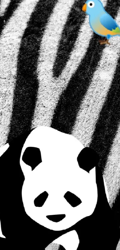 Panda and bird on zebra striped background, artistic wallpaper.