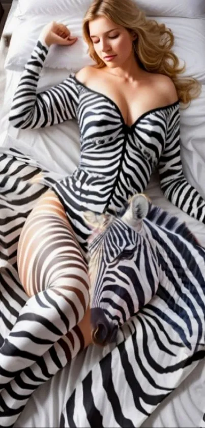 Woman in zebra-patterned outfit resting peacefully on a cozy bed.