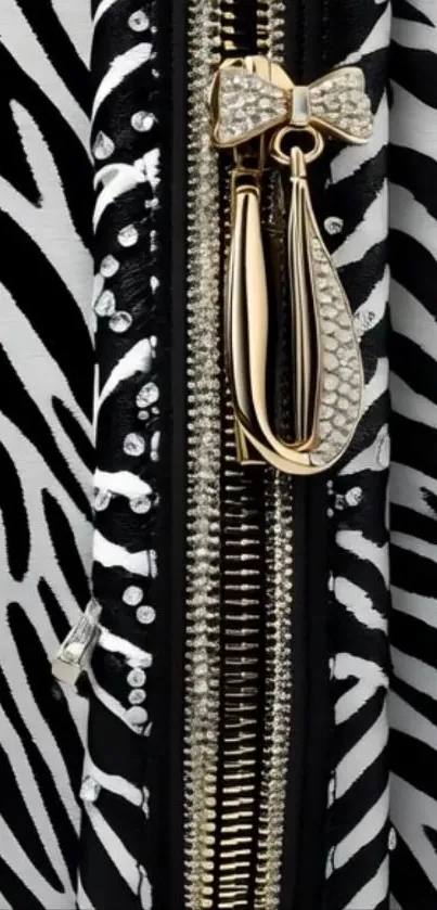 Glamorous zebra print wallpaper with a gold zipper accent.