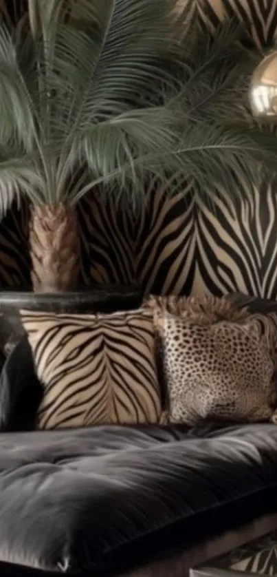 Luxury zebra-print interior with lush palm decor.