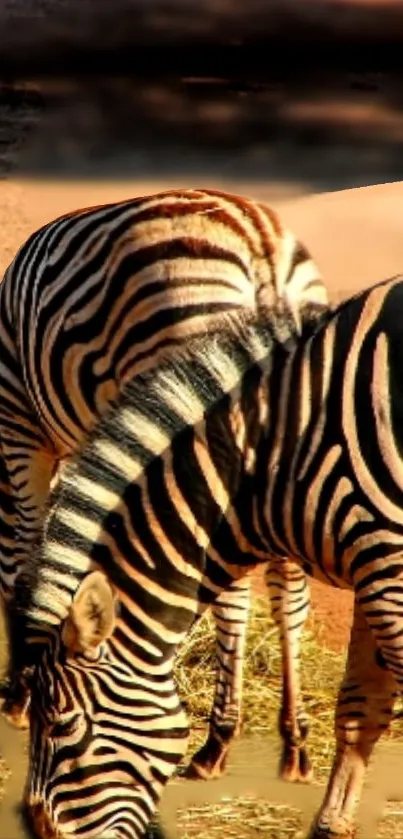 Zebra duo grazing in savanna landscape.