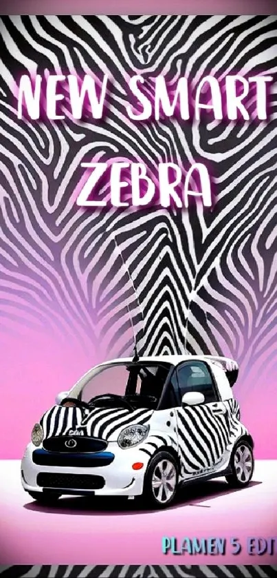 Zebra-themed smart car on pink background with artistic stripes.