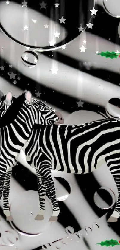 Zebra stripes with Christmas holly design on mobile wallpaper.