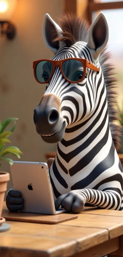 A zebra wearing sunglasses using a tablet indoors.