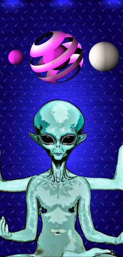 Meditative alien in dark blue cosmic digital wallpaper.