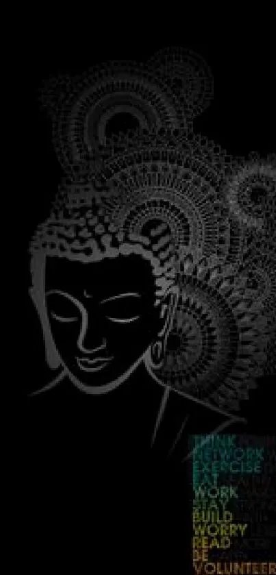 Zen Buddha mandala wallpaper with intricate black patterns.