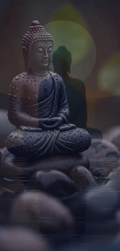 Buddha statue with raindrops on stones in a serene, reflective setting.