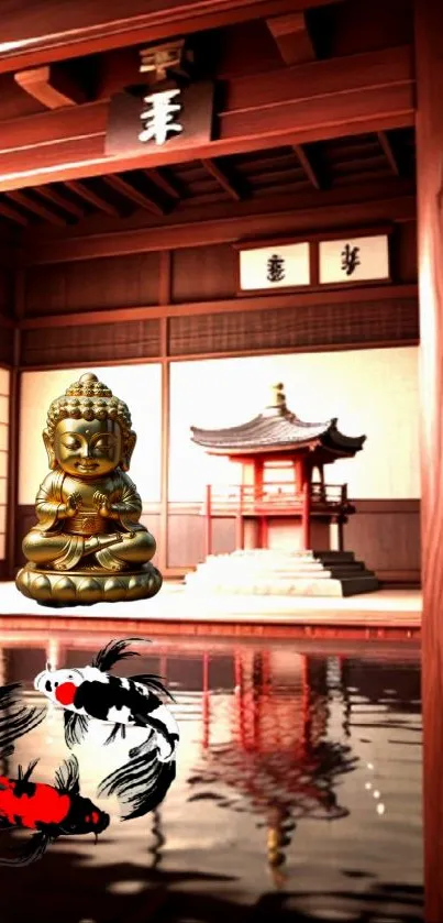 Zen Buddha temple with koi fish and tranquil wooden architecture.