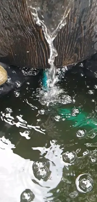 Wooden fountain with flowing water and bubbles creating a serene atmosphere.