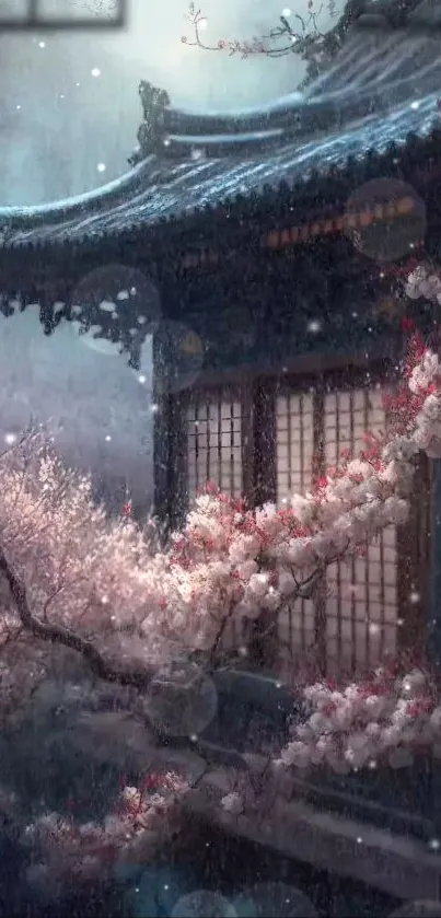 Serene Japanese temple with cherry blossoms in snow.