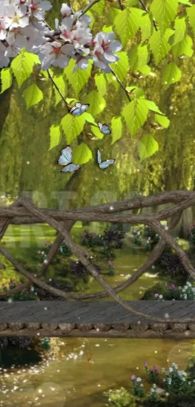 Wooden bridge with green leaves and blossoms over a stream.