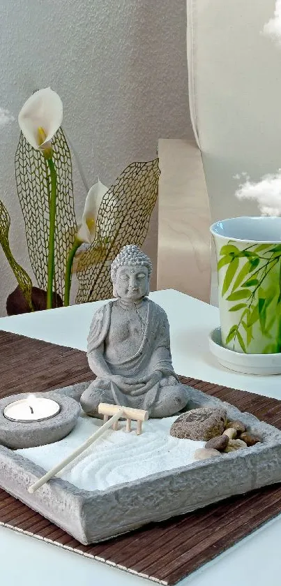 Zen Buddha statue with candle in a tranquil setting, ideal for meditation.