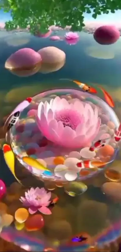 Tranquil pond scene with lotus and koi fish.