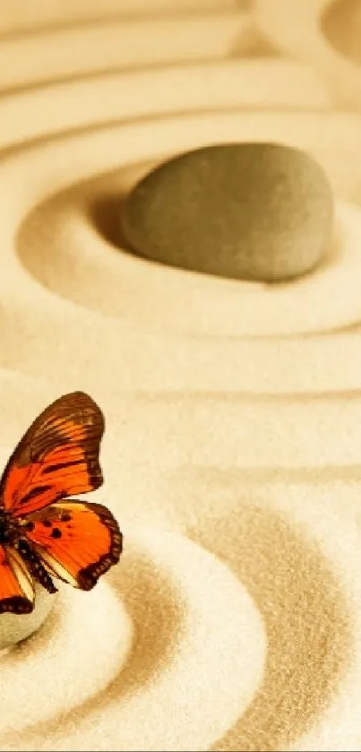 Calming mobile wallpaper with butterfly on zen stone in sand.