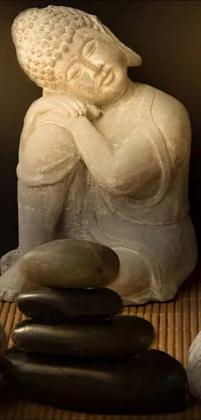 Stone Buddha and stacked stones on bamboo mat.