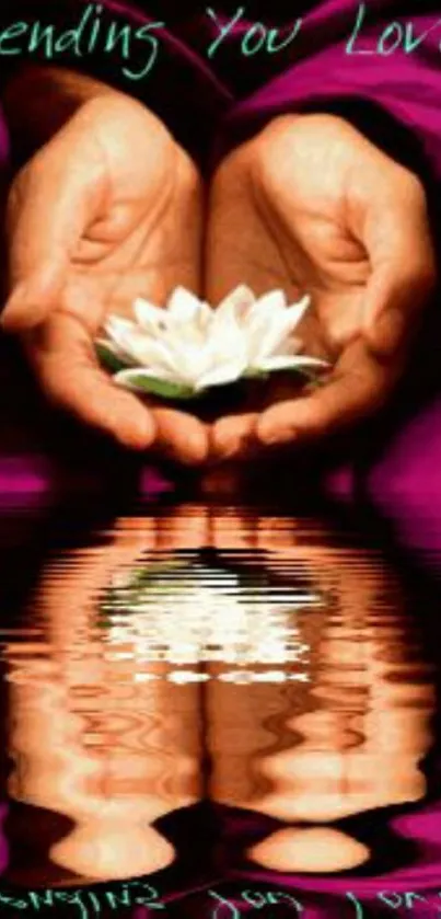 Hands holding a lotus over reflecting water with purple background.