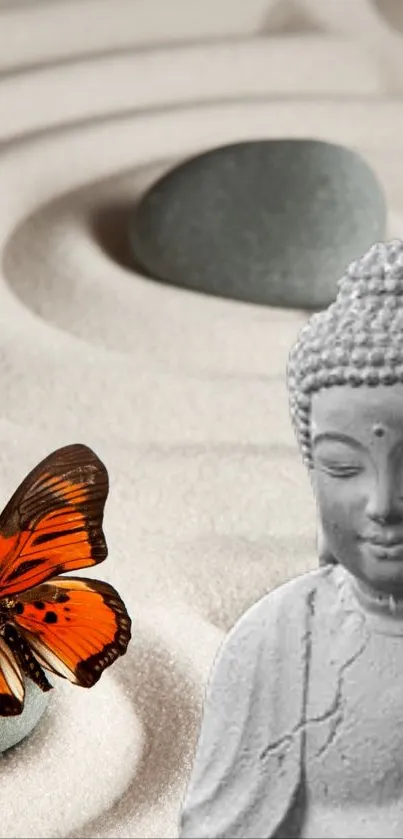 Zen mobile wallpaper with Buddha, sand, and butterfly.